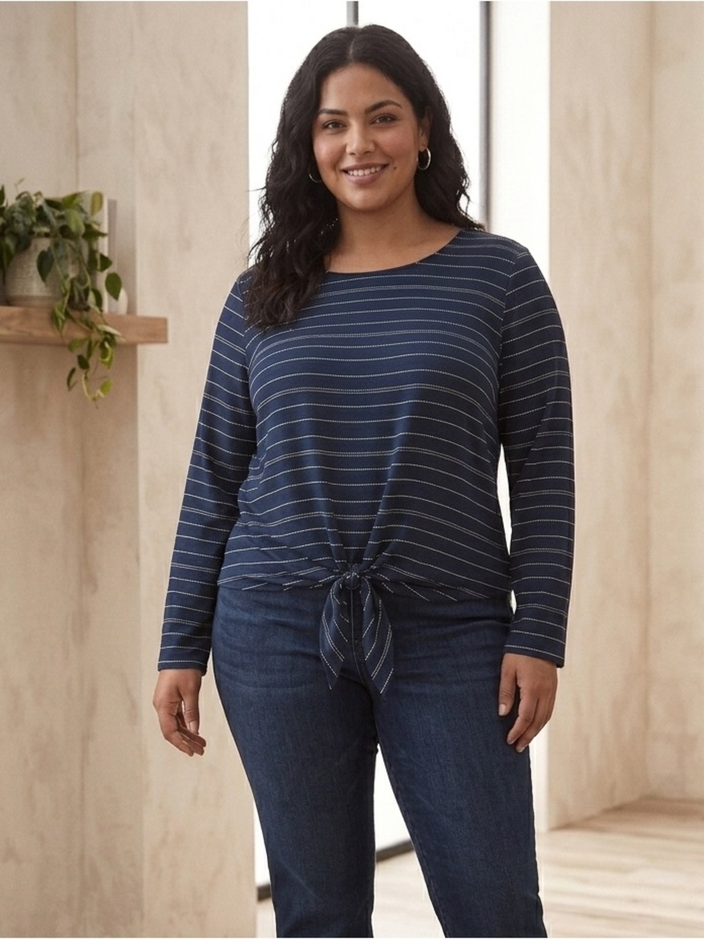 Ava & Viv Navy Striped Tie-Front Long Sleeve Tunic